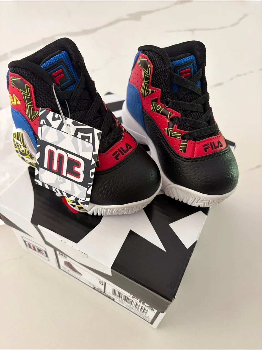 Fila Kids Black, Red & Blue High-Top Sneakers with Yellow Accents